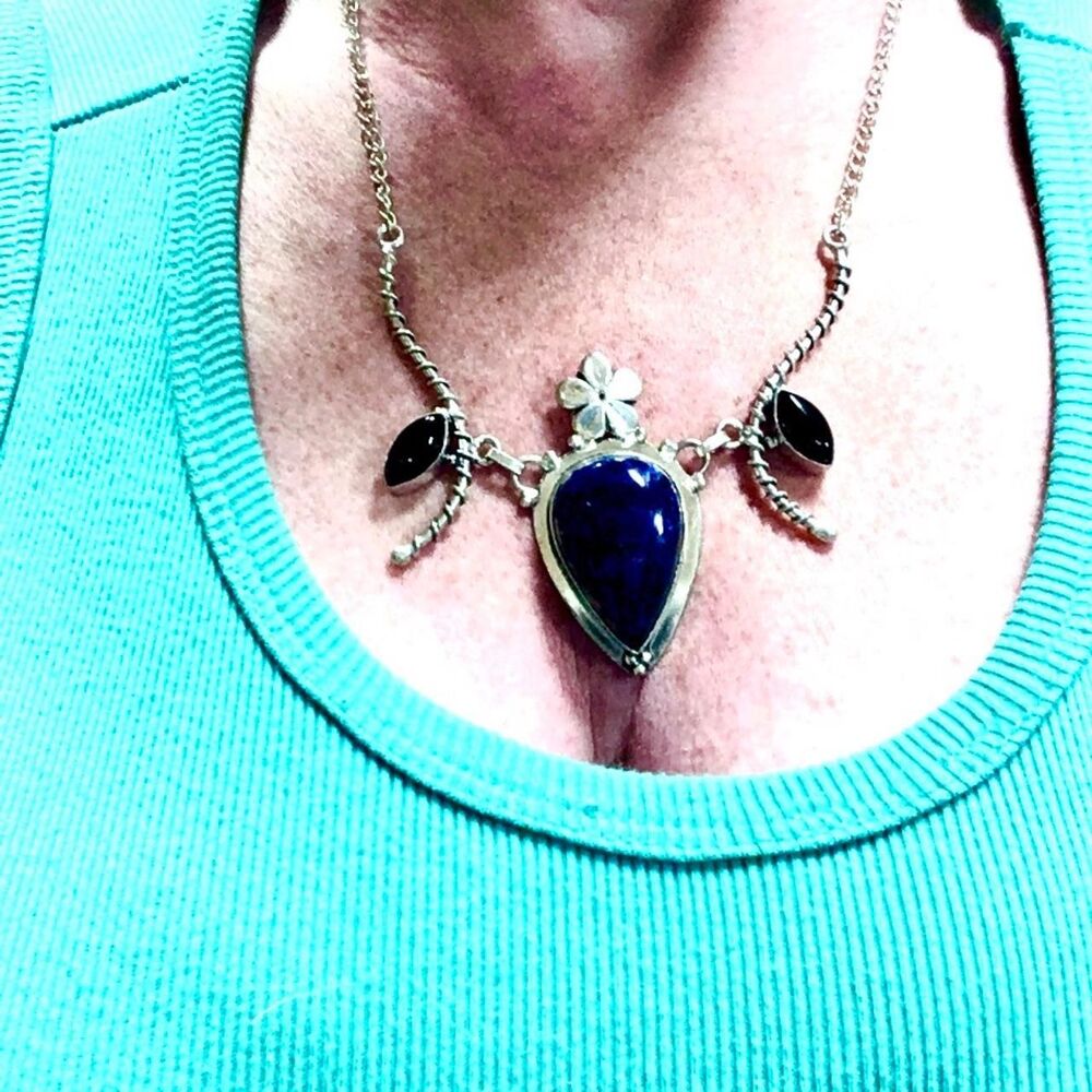 One-of-a-Kind Artisan Statement Necklace Natural Sodalite & Black Onyx Gemstones